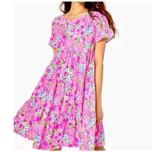 Lilly Pulitzer Jodee Dress XXL 2XL Tiered Floral Swing Dress Easter Short Sleeve
